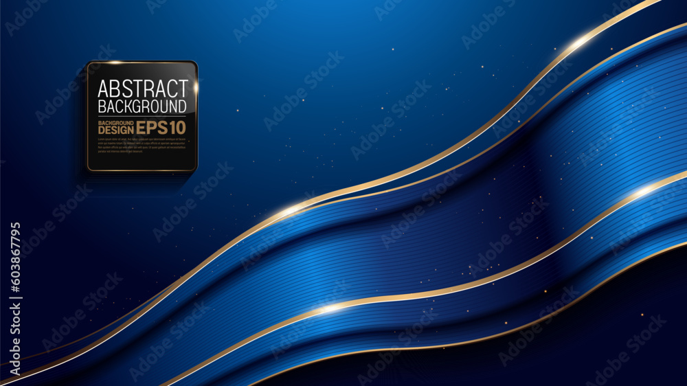 Poster gold curve line on blue luxury background, image abstract, overlap layer shadow gradients space comp
