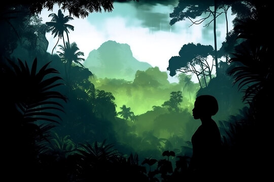 A child silhouette staring into a vast jungle made with Generative AI
