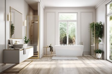 Fototapeta na wymiar Modern white bathroom interior with a wooden floor and gold accents. in front. Generative AI