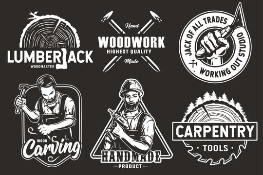 Wooden set of emblems or logos for carpentry or wood carving or sawing. Woody collection of designs for woodworker, carpenter, joiner, timber, lumberjack for workshop, woodworking, sawmill, woodwork