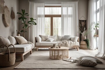 Modular sofa, furniture, a wooden coffee table, rattan decorations, a mock up picture frame, a pillow, dried flowers, and exquisite accessories are all featured in this stylish living Generative AI
