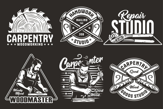 Set of logos for carpentry or wood carving or sawing. Collection of designs for woodworker, carpenter, joiner, timber, lumberjack and craftsman for workshop, woodworking, sawmill and woodwork
