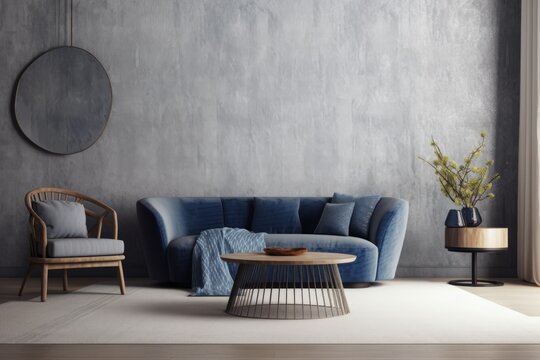 Modern living room interior background with grey sofa and navy blue pillow, navy blue ratten armchair, and round coffee table. Generative AI