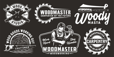 Wooden set of emblems or logos for carpentry or wood carving or sawing. Woody collection of designs for woodworker, carpenter, joiner, timber, lumberjack for workshop, woodworking, sawmill, woodwork