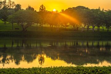 Beautiful sunrise at bsb lake located in Mijen, Semarang, Indonesia