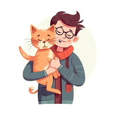 Cartoon character of person holding cat on white background