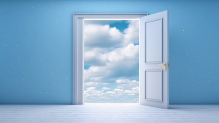 3d abstract yellow background with door, ladder and white clouds flying out. Dream metaphor, modern minimal concept, Generative AI