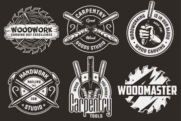 Set of logos for carpentry or wood carving or sawing. Collection of designs for woodworker, carpenter, joiner, timber, lumberjack and craftsman for workshop, woodworking, sawmill and woodwork