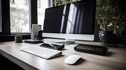 デスクの上のパソコン　無人　AI生成画像　ジェネレーティブAI