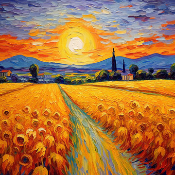 Illustration of a field of sunflowers at sunset in the style of Vincent Van Gogh. Generated AI