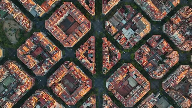 Aerial view of typical buildings of Barcelona cityscape. Eixample residential famous urban grid. Catalonia, Spain