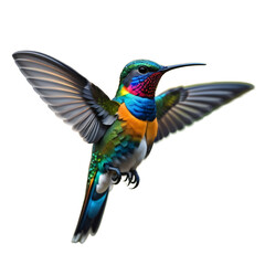Obraz premium Beautiful rainbow color, flying, sapphire hummingbird, isolated, transparent background, no background. PNG. Generative AI.
