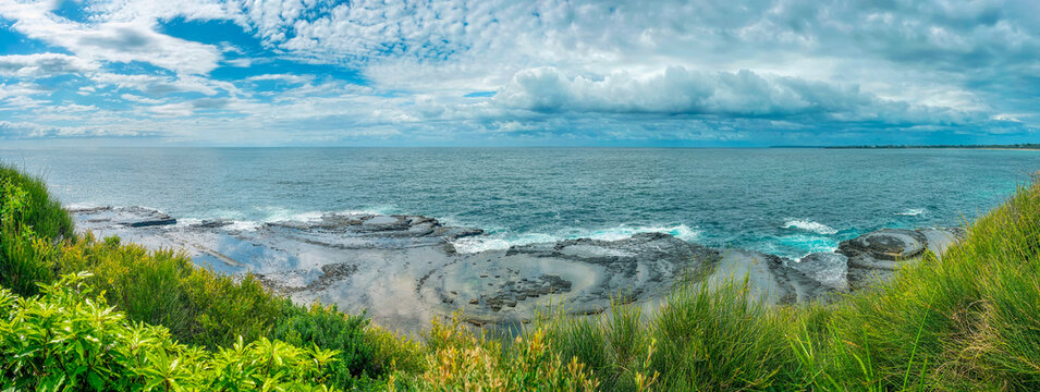 Panoramic view at the top of Crookhaven Heads close to Culburra Beach in Shoalhaven Bight, NSW, Australia.