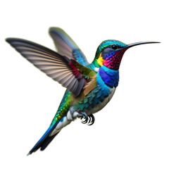 Beautiful rainbow color, flying, sapphire hummingbird, isolated, transparent background, no background. PNG. Generative AI.