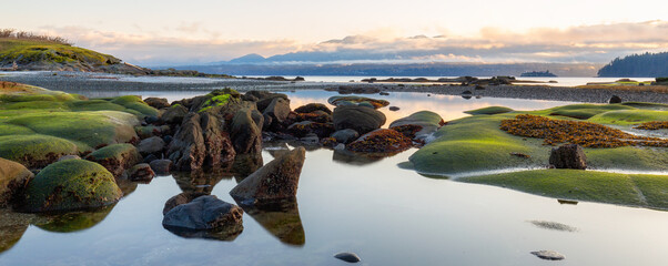 Rocky Shore on the Ocean Coast. Canadian Nature Background. Hornby Island, British Columbia, Canada. Sunset Sky © edb3_16