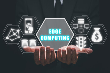 Edge computing modern IT technology concept, Businessman hand holding edge computing icon on...