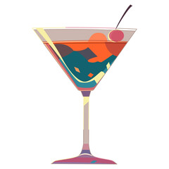 Cocktail in martini glass with maraschino cherry. Vector illustration in flat technique  - obrazy, fototapety, plakaty