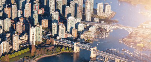 Buildings in Urban City on West Coast. Downtown Vancouver, BC, Canada. Aerial View. Panorama.