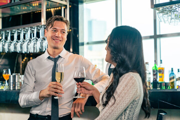 Group of Multi-ethnic business people company teamwork employee enjoy and fun celebration event party drinking and toasting glass after success corporate business project at skyscraper restaurant bar.