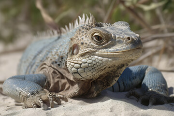 Obraz premium Image of an iguana on the sand. Reptile. Wildlife Animals. Illustration. Generative AI.