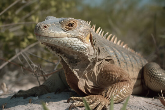 Image of an iguana on the sand. Reptile. Wildlife Animals. Illustration. Generative AI.