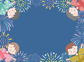 Obraz na płótnie Canvas かわいい浴衣姿の子供たちのフレーム　夏祭り　花火