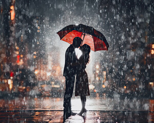 Couple kissing under the rain while holding an umbrella