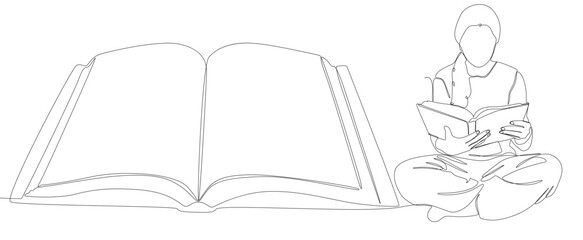 One continuous line of Book with girl reading. Thin Line Illustration vector education concept. Contour Drawing Creative ideas.