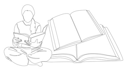 One continuous line of Book with girl reading. Thin Line Illustration vector education concept. Contour Drawing Creative ideas.