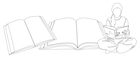 One continuous line of Book with girl reading. Thin Line Illustration vector education concept. Contour Drawing Creative ideas.