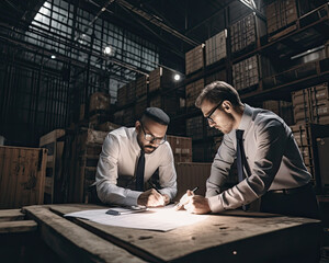 Two men having a discussion over a meeting in a warehouse