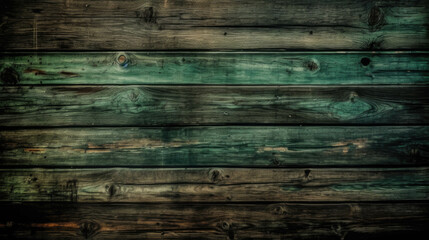 green painted wooden boards with peeling paint grunge background. Generative AI