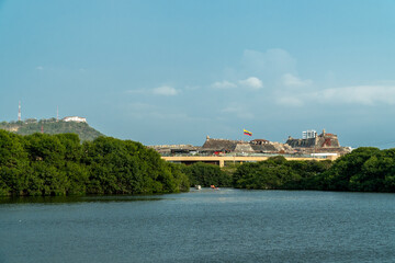 Fototapeta na wymiar Panoramic landscape of San Felipe castle and sea view. Cartagena, Bolivar, Colombia. 
