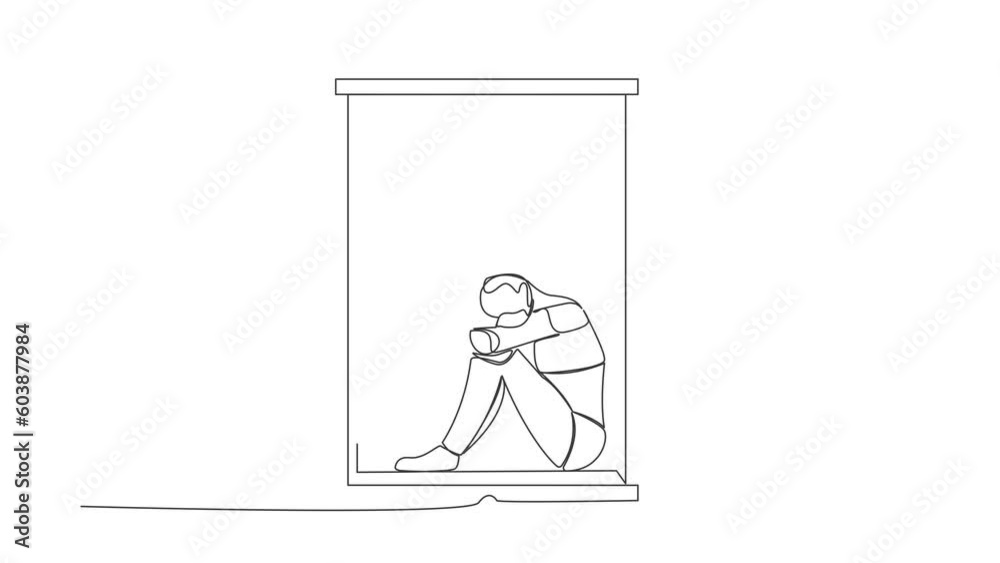 Poster self drawing animation of single line draw of frustrated robot sitting on windowsill. depression, st