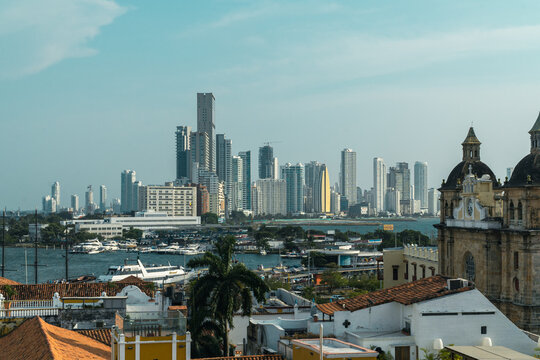 Cartagena, Bolivar, Colombia. March 3, 2023: Panoramic landscape of Bocagrande with the sea.