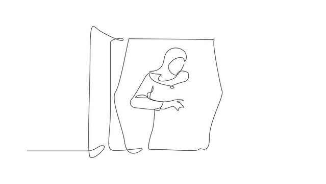 Self drawing animation of single line draw Arab woman holding cat looking through window. Stay home and play with her pet. Stay safe during pandemic. Coronavirus. Continuous line. Full length animated