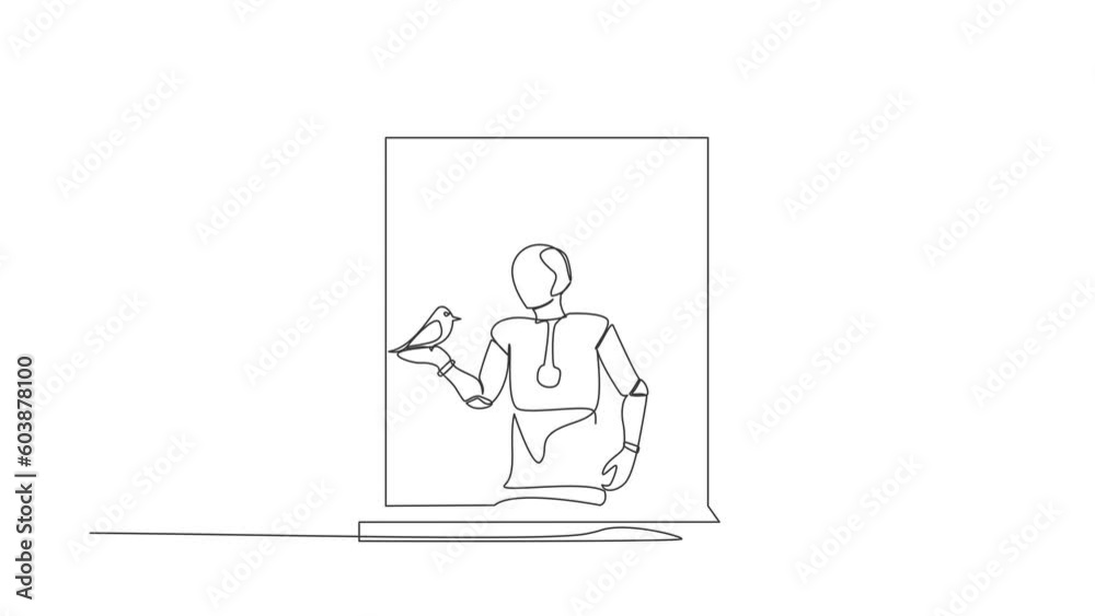 Poster self drawing animation of single line draw robot with bird pet on hand. open window, looking for fre