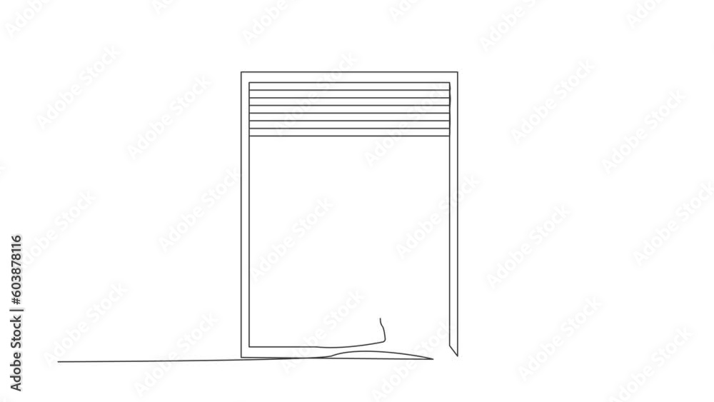 Poster self drawing animation of single line draw of robot with plant holding cat and looking through windo