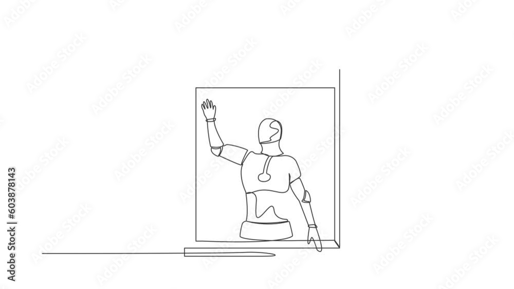Poster Animated self drawing of continuous line draw robot waving at window as look like to greet friends to come in. Humanoid robot cybernetic organism. Future robotic. Full length single line animation
