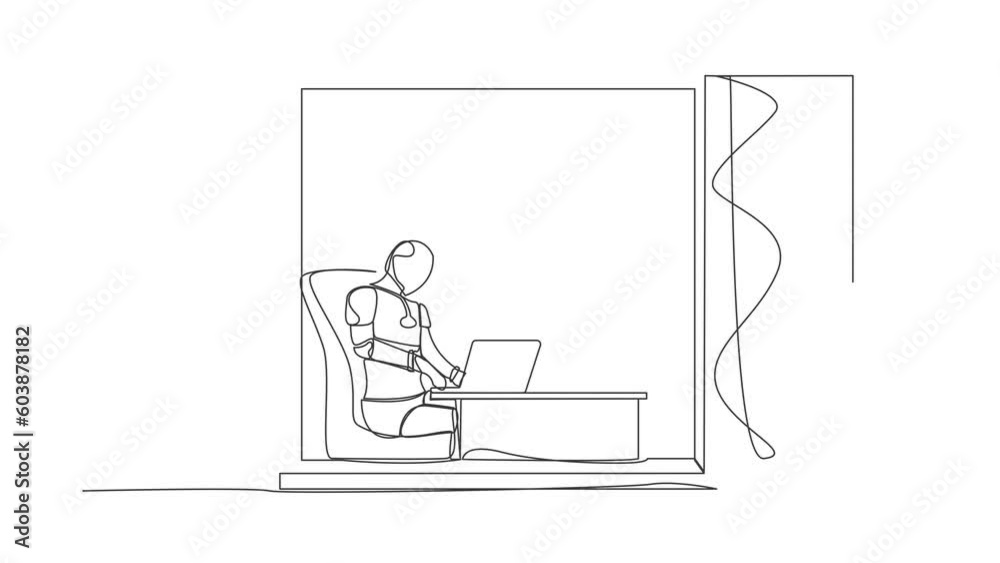 Poster animated self drawing of continuous line draw robot sitting at desk using laptop near window. factor