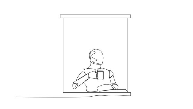 Animated self drawing of continuous line draw robot enjoy hot coffee in window house, holding mug, looking through window. Future technology. Artificial intelligence. Full length one line animation