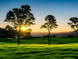 Fototapeta na wymiar Generative AI of beautiful landscape with trees, grass, mountains and sunlight