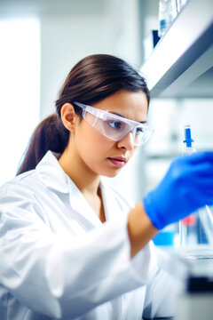 Female scientist or researcher in a lab holding a test tube