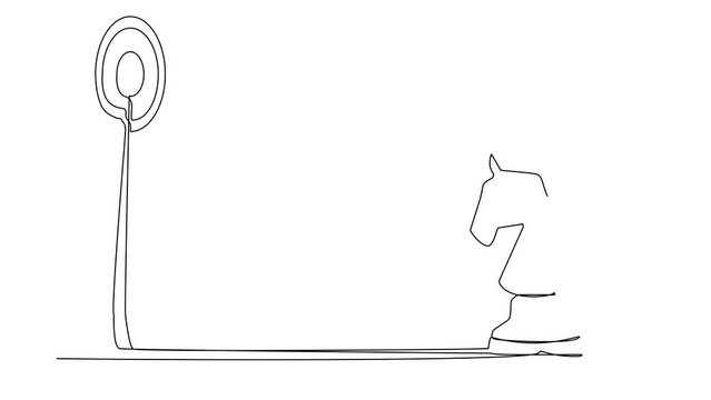 Animated self drawing of continuous one line draw Arab businessman holding dart arrow and aiming target while riding horse chess piece. Success manager achievement. Full length single line animation