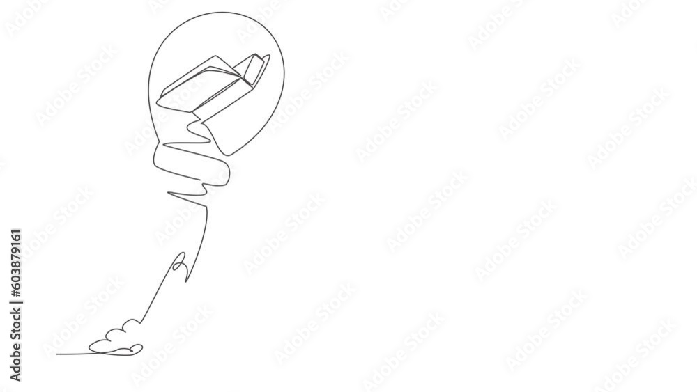 Poster animated self drawing of continuous line draw open book launching with light bulb. reading and learn