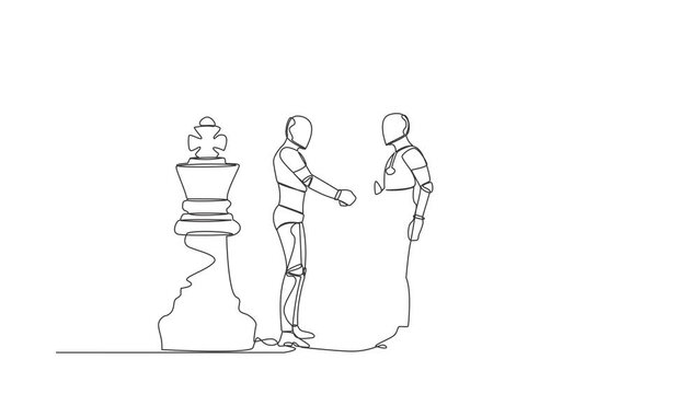 Self drawing animation of single line draw two robot shaking hands together standing between of king chess pieces. Agreement or partnership in tech industry. Continuous line draw. Full length animated