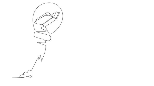 Animated self drawing of continuous line draw open book launching with light bulb. Reading and learning power logo. Imagination, inspiration, fantasy. School graduation. Full length one line animation
