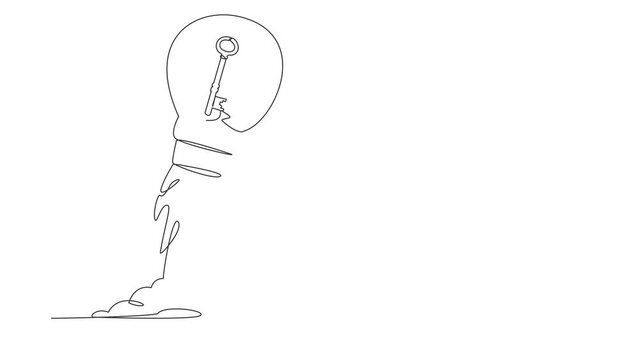 Animated self drawing of continuous line draw key launching with light bulb. Key performance indicator skyrocket trough the sky. Tremendous business success metaphor. Full length one line animation