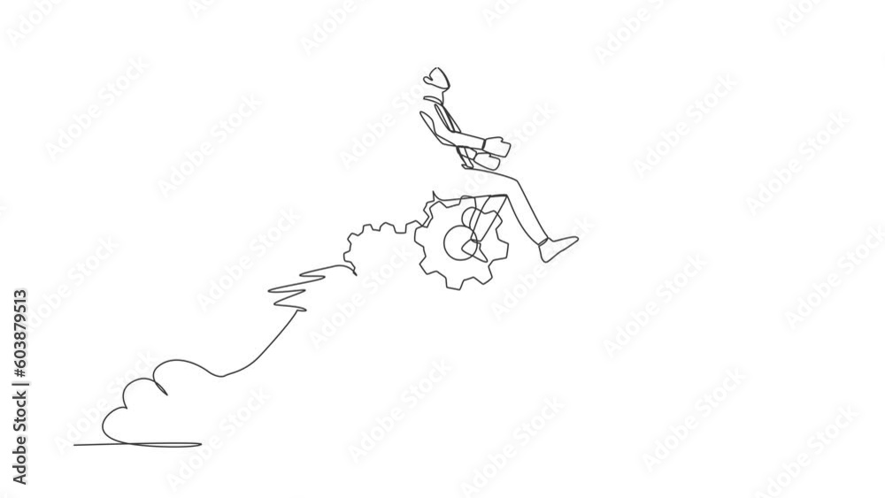 Poster animated self drawing of continuous line draw of businessman riding gear rocket flying in the sky. m
