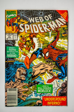 Calgary, Alberta - May 17, 2023: Covers of vintage Marvel Spiderman comics.